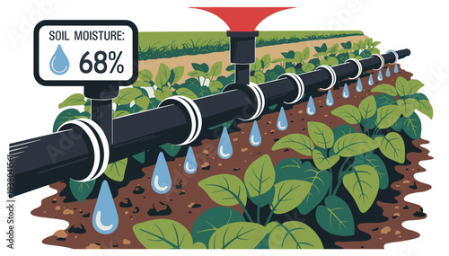 Agricultural irrigation pipeline watering crops. Large irrigation pipeline watering agricultural crops in farmland. Sustainable irrigation and modern farming concept.