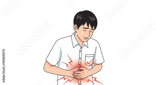 Teenage schoolboy in a white short sleeved shirt suffering from a severe stomach ache and holding his belly in pain.