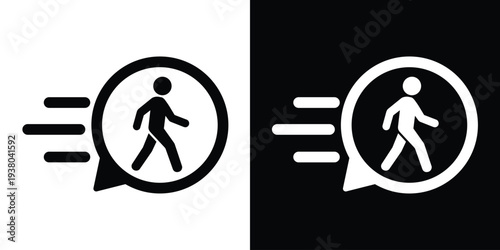 Fast walking pedestrian icon inside a speech bubble with speed lines. Vector symbol for quick messenger, local delivery, pedestrian safety, or urban mobility. Black and white versions.