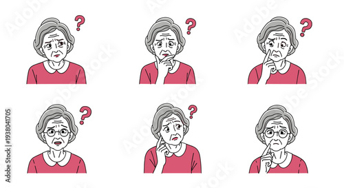 Set of diverse facial expressions of an elderly woman in a pink shirt showing confusion and doubt with question marks.