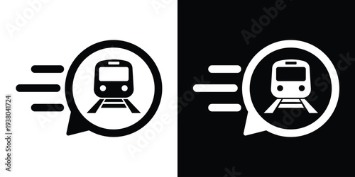 Train locomotive icon with motion lines in a speech bubble. Represents rapid rail transport, fast commuting, express subway service, and modern urban mobility. Vector graphic.
