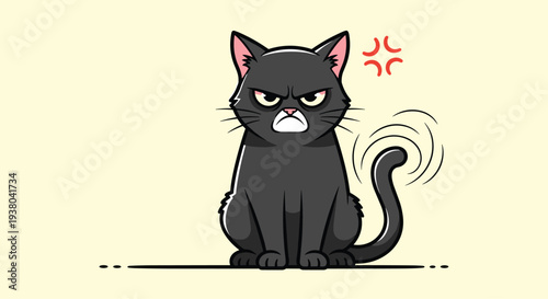 Grumpy and angry black cat sitting with a cross expression on its face and red anger symbols above its head.