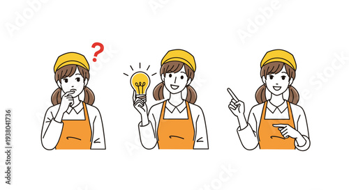 Young female worker in a yellow cap and orange apron demonstrating thinking, having an idea, and pointing to something.