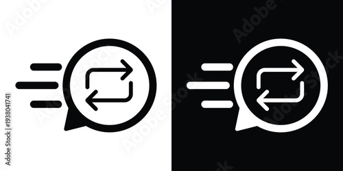 Repeat arrows icon inside a dynamic motion bubble. Vector graphic for fast data exchange, quick synchronization, rapid update, express transfer, and efficient recurring process.