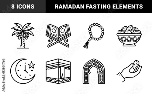 Ramadan and Islamic cultural elements for religious festivals. Minimalist monoline pictograms featuring Quran, Kaaba, dates, and crescent moon symbols.