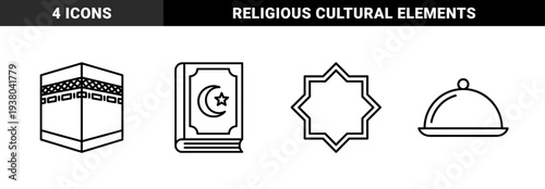 Islamic religious symbols and cultural heritage elements in a bold monoline style. Minimalist geometric pictograms representing pilgrimage, scripture, and tradition.