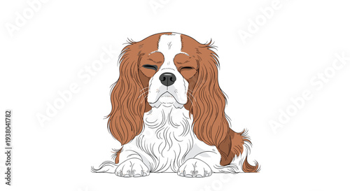 Cute Cavalier King Charles Spaniel dog lying down and looking straight ahead with a calm and gentle expression.