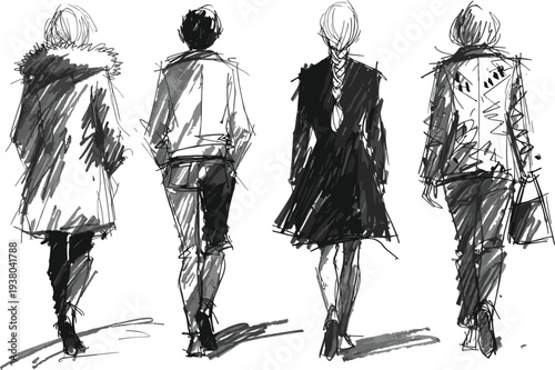 Hand drawn fashion sketch of four stylish women walking in trendy winter coats and casual autumn outfits viewed from behind