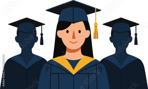 Happy female student graduate wearing cap and gown with silhouette classmates, graduation ceremony vector illustration, university college education success concept,