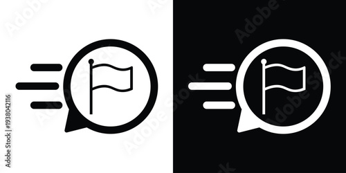 Dynamic flag icon inside a speed bubble. Vector symbol for fast success, quick targets, rapid goal achievement, and express milestone completion. Minimalist black and white design.