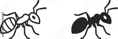 Set of Ant Vector Icons featuring a Minimalist Line Art Ant and a Solid Black Silhouette Formicidae for Nature and Pest Control Design.