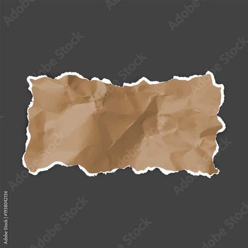 Brown crumpled torn paper, torn sheet of paper rectangle fragment, vector realistic wrinkled scrap with ripped edges
