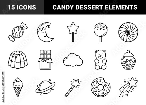 Sweet treats and celestial dreams line art for confectionery branding. Minimalist monoline graphics of candy, desserts, stars, and planets for whimsical projects.