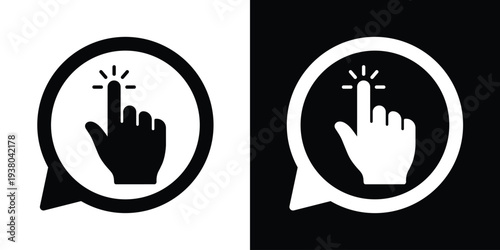 Hand cursor finger clicking icon in a speech bubble. Black and white vector set representing touch, selection, and digital interaction. Professional web element for UI/UX interface projects.