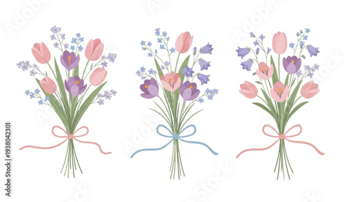 Delicate spring flower bouquet  with tulips crocus and ribbon bows vector isolated on transparent background