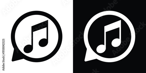 Musical note icon in a speech bubble. Black and white vector representing audio, song, sound notifications, or music streaming services. Clean design for multimedia apps and web UI.