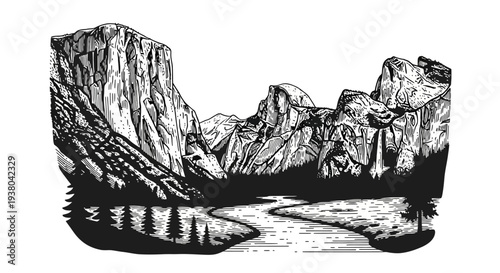 Mountain range landscape with river.