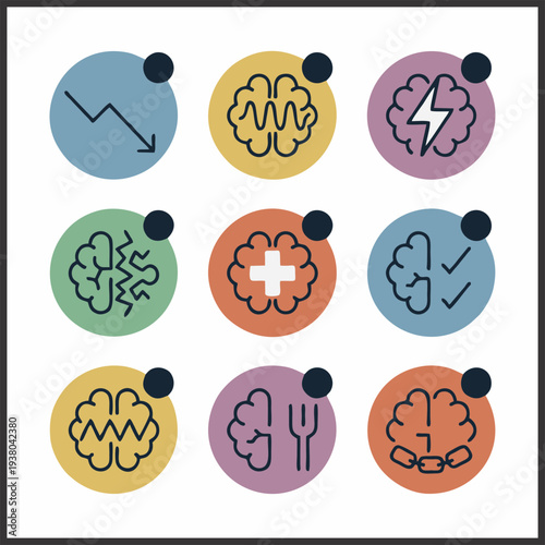 Mental Health and Psychology Icon Set – Stress, PTSD, Brain, Anxiety, Therapy, Nutrition, Security Vector Icons