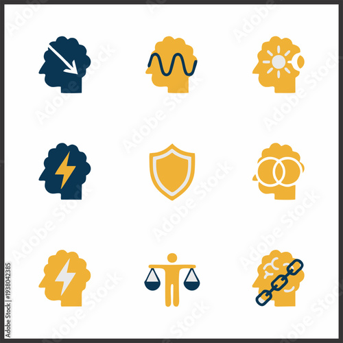 Mental Health and Psychology Icon Set – Stress, PTSD, Brain, Anxiety, Therapy, Nutrition, Security Vector Icons