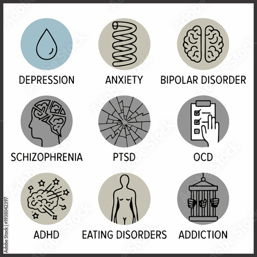 Mental Health and Psychology Icon Set – Stress, PTSD, Brain, Anxiety, Therapy, Nutrition, Security Vector Icons