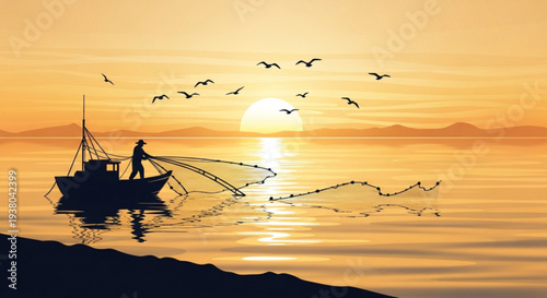 Fisherman on a boat casting net at serene sunset over calm sea with birds flying