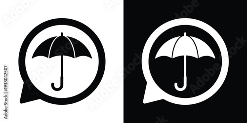 Minimalist umbrella icon inside a speech bubble. Black and white vector set representing insurance, weather protection, safety coverage, and security concepts for business or app UI.