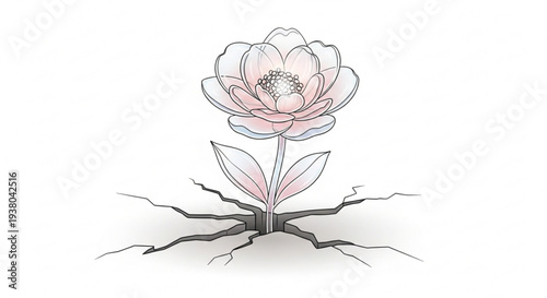 Delicate pink flower with roots growing in dry cracked earth symbolizing hope and resilience in harsh conditions