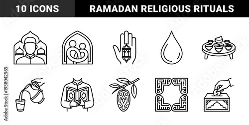 Ramadan and Islamic lifestyle monoline line art elements. Religious observance pictograms featuring fasting rituals, prayer, charity, and community traditions.