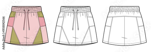 Mini Skirt technical fashion illustration. sports skirt vector template illustration. front and back view. multi-panel color-block. elastic drawstring waist. pink and olive. CAD mockup.