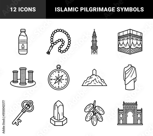 Islamic pilgrimage and Hajj rituals monoline symbols featuring Kaaba, minaret, prayer beads, and sacred landmarks for religious education materials.