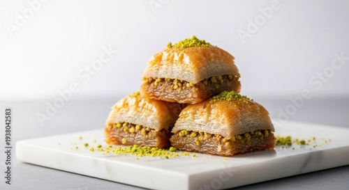 Luxurious Baklava: Rich Middle Eastern Dessert Highlighting Golden Texture and Syrup Glaze