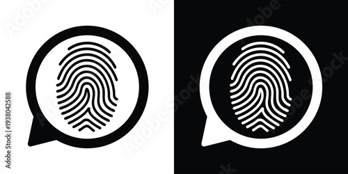 Biometric fingerprint scan icon within a chat bubble. Minimalist black and white design for biometric authentication, digital security, privacy protection, and secure touch ID messaging.