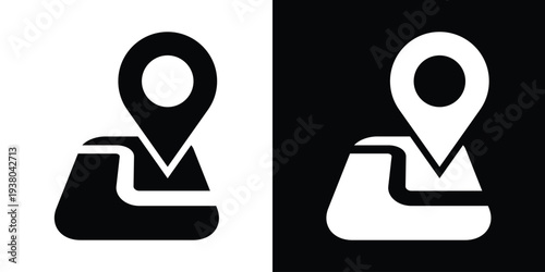 GPS navigation icon featuring a location pin on a simplified map path. Symbol for travel, destination, orientation, and mobile tracking apps. Available in black and white versions.