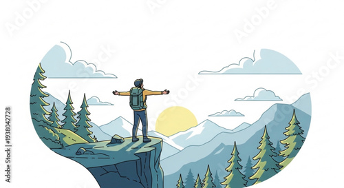Man standing on cliff edge with arms outstretched overlooking scenic mountain landscape at sunrise