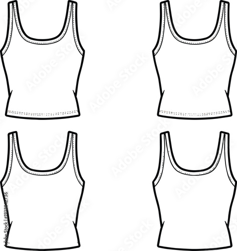 Set of Women Tank Top Technical Sketches, featuring Sleeveless Crop Tops with Scoop Neckline and Stitch Details for Fashion Design Mockups.