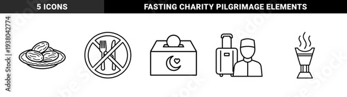 Ramadan and Islamic religious observance elements featuring fasting, dates, charity box, pilgrimage, and bukhoor burner. Minimalist monoline black and white graphic assets.