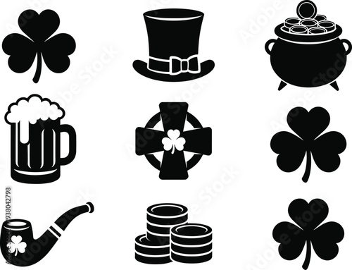 St Patricks Day Silhouette Icon Set Featuring Shamrock Leprechaun Hat Pot of Gold Beer Mug and Irish Lucky Symbols Vector