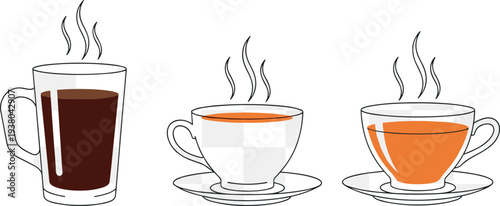 Hot drinks collection with coffee mug tea cup and steaming beverage cups simple line vector illustration set