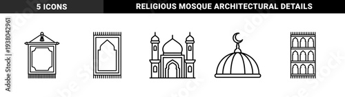Islamic architectural elements and prayer accessories in a clean monoline style. Minimalist line art featuring mosque silhouettes, prayer rugs, and crescent moon domes.