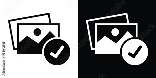 Flat vector illustration of a landscape photograph with a checkmark badge. Represents photo verification, image approval, successful upload, and media gallery management.