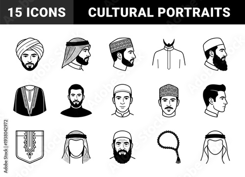 Traditional Middle Eastern and Islamic male portraits and attire for cultural educational materials. Minimalist monoline silhouettes featuring ghutra, thobe, and kufi headwear.