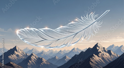 A delicate transparent feather floats gently against a serene mountain range at sunrise with soft blue and pink hues