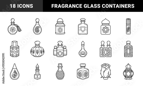 Traditional Arabic perfume bottles and essential oil containers. Ornate middle eastern fragrance flacons with floral and geometric line art motifs.