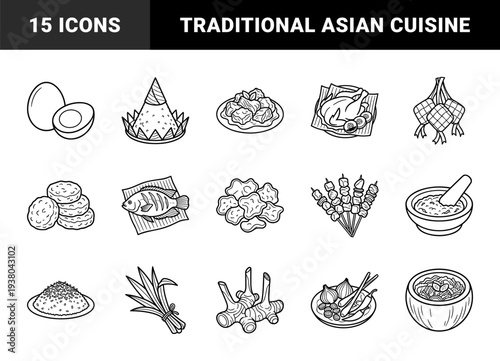 Indonesian traditional cuisine and culinary heritage elements. Bold monoline illustrations featuring nasi tumpeng, rendang, satay, and festive food.