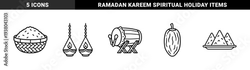 Ramadan and Eid Mubarak religious celebration symbols featuring traditional drums, dates fruit, and burning oil lamps in a bold monoline aesthetic.