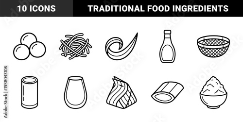 Asian culinary ingredients and traditional cooking utensils for restaurant menus. Minimalist monoline pictograms featuring rice, noodles, bamboo, and kitchenware.