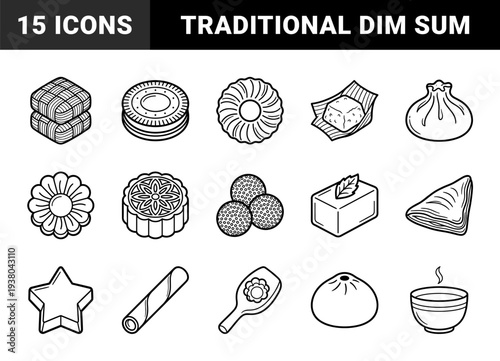 Asian culinary treats and traditional dim sum delicacies in a clean monoline aesthetic. Minimalist line art featuring mooncakes, dumplings, and oriental sweets.