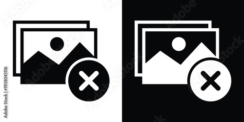 A landscape image file icon combined with a cross or "X" symbol. Designates rejected content, failed uploads, deleted photos, or image errors for UI/UX applications.