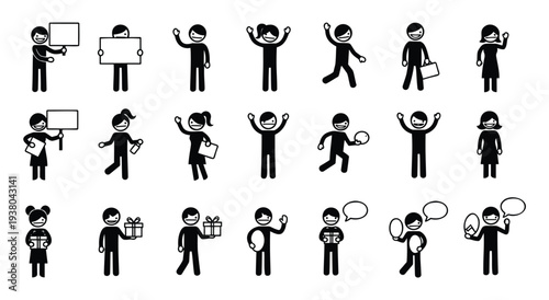 Set of black and white stick figure icons showing various actions and emotions