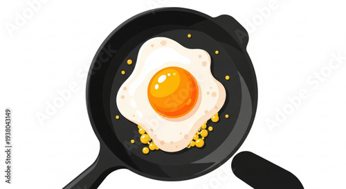 Fried egg in a black pan with melted cheese and oil droplets on a white background